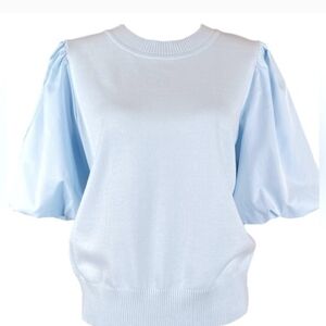 MING WANG Light Blue Sweater Satin Puff Sleeve Women's Top